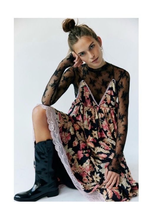 Free People Dresses & Skirts - NWT Free People Primmy Printed Midi-Dress Black Floral Lace-Trim with Pink